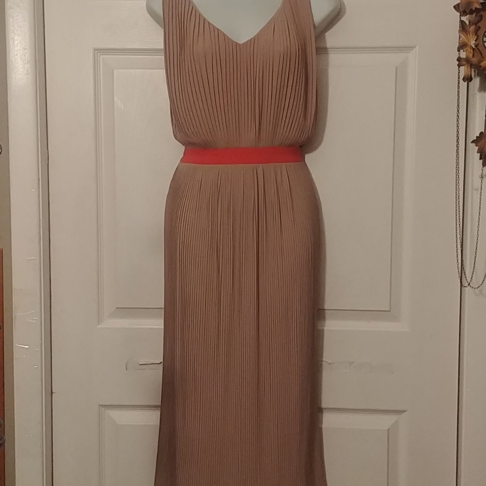 C.Luce sz L Tan Polyester Empire Waist Long Dress